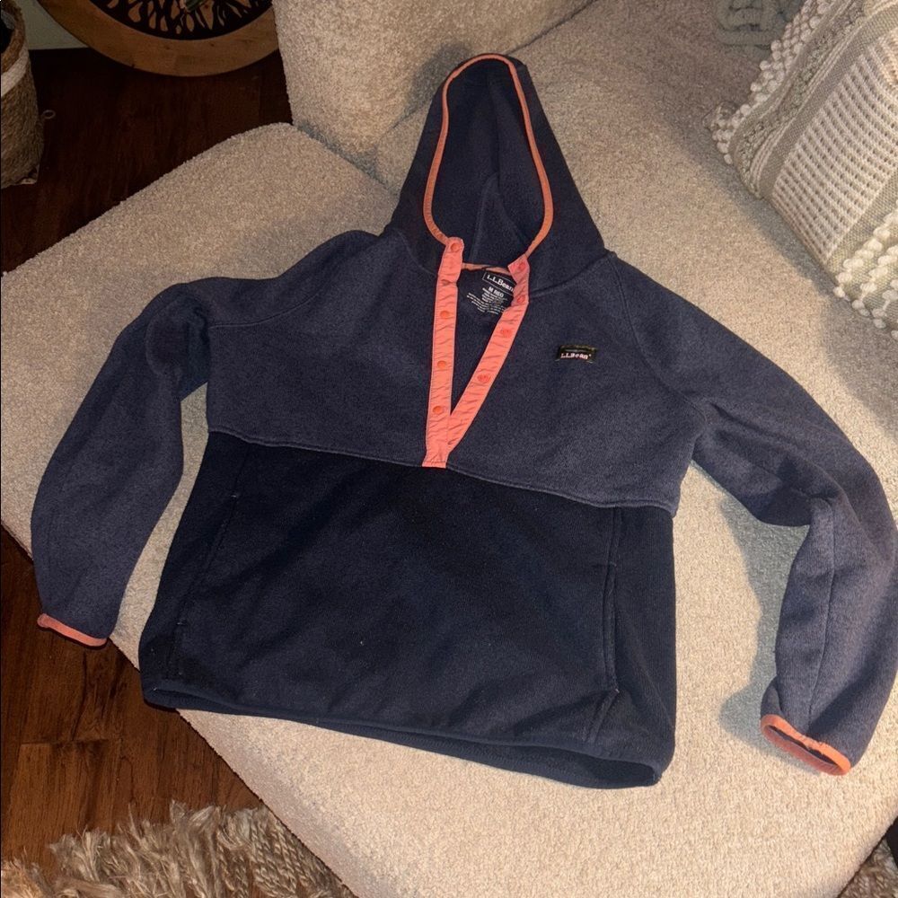 L.L. Bean Navy and Coral Orange Hooded Pullover